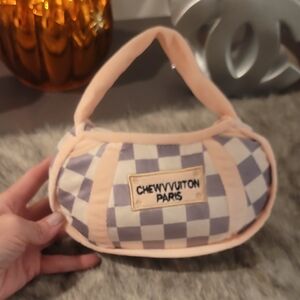 Plush Dog Toy Chewy Vuiton Checkered Bag - Cream and Gray